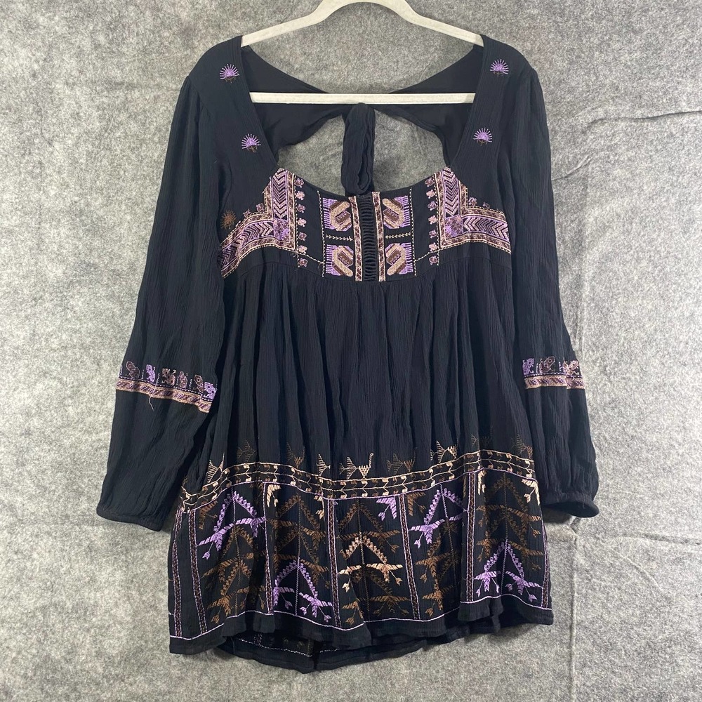 Free People Dress XS Black Purple Embroidered Long Sleeve Mini Rhiannon - Picture 1 of 11